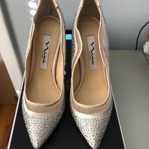 rhinestone encrusted satin champagne/ivory scallop shaped Nina Ryoko Jolie pump